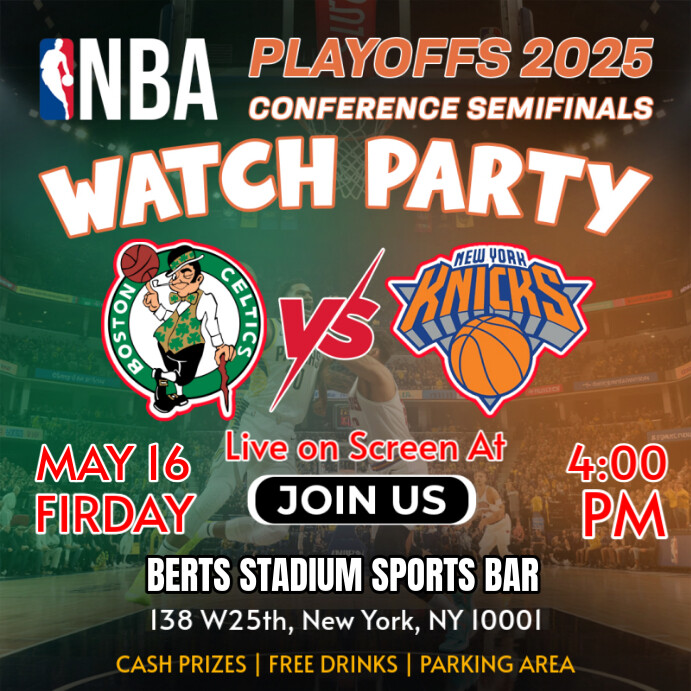 Watch Party NBA Playoffs 2025 Boston Celtics Vs New York Knicks Message Instagram template