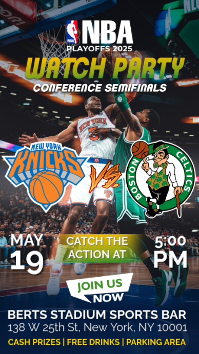 Watch Party Nba Playoffs 2025 Boston Celtics Vs New York Knicks Instagram Story template