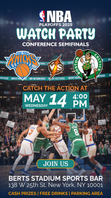 Watch Party Nba Playoffs 2025 Boston Celtics Vs New York Knicks Instagram Story, template