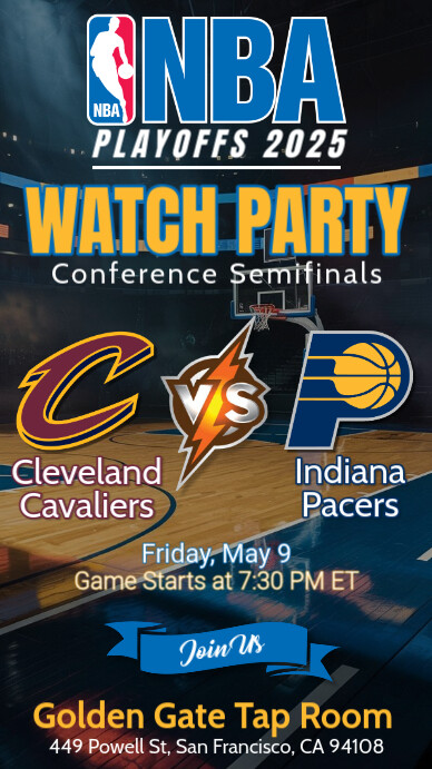 Watch Party Nba Playoffs 2025 Cleveland Cavaliers Vs Indiana Pacers Instagram Story template