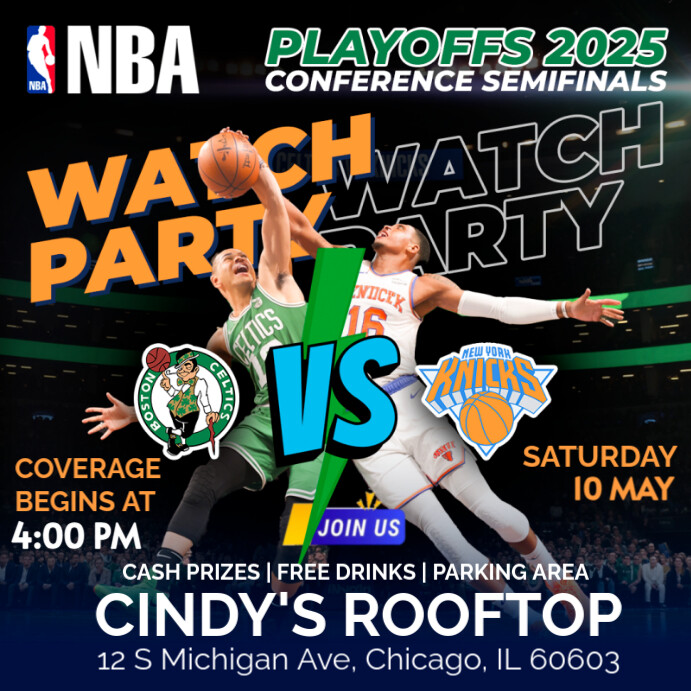 Watch Party Nba Playoffs 2025 New York Knicks Vs Boston Celtics Instagram Post template