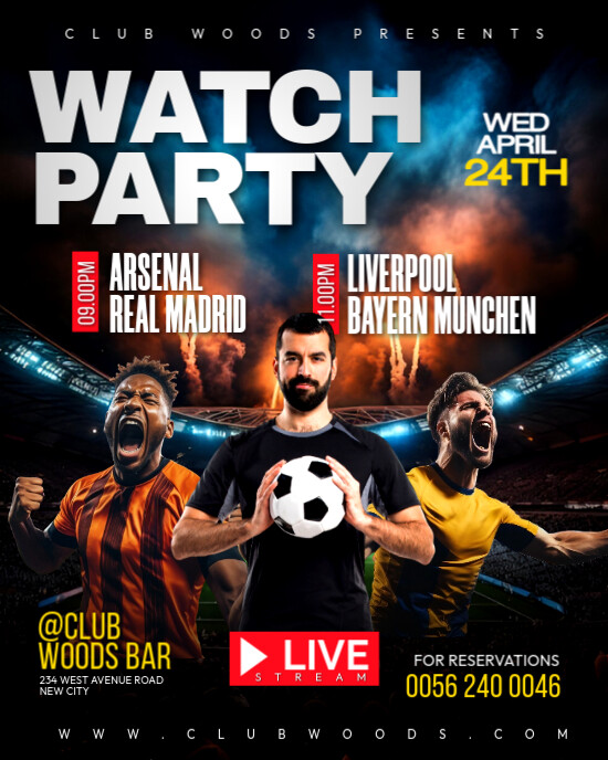Watch party soccer football match livestream bar invitation flyer template Instagram Portrait