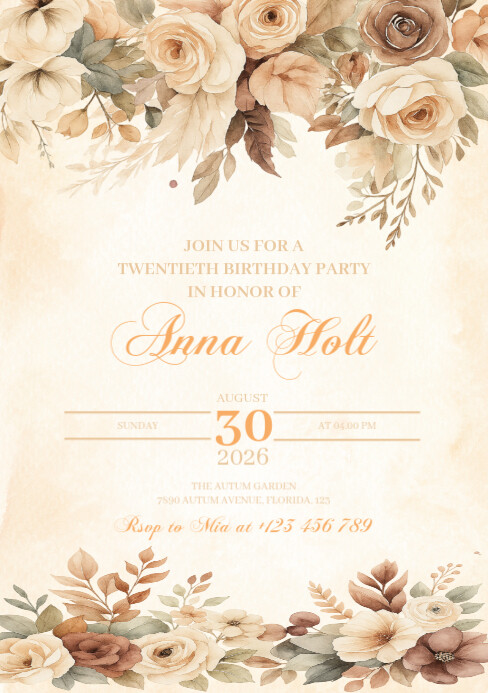 Watercolor fall/autumn birthday invitation A5 template