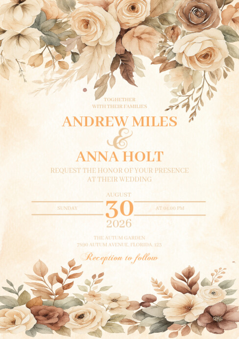 Watercolor fall/autumn wedding invitation A5 template