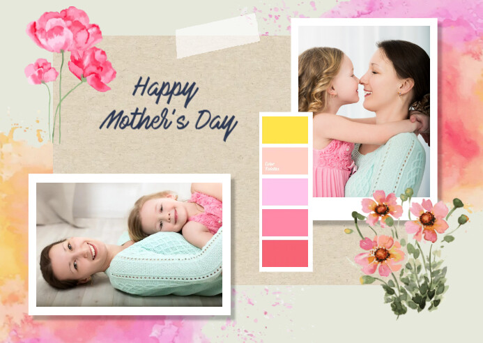 Watercolor Pink Orange Yellow Picture Mother' Postcard template