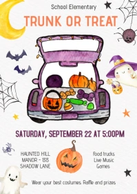 Watercolor Trunk or Treat Flyer Halloween A6 template