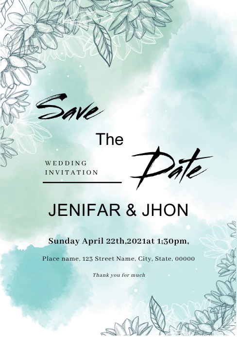 watercolor  Wedding card save the date A5 template