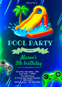 Waterslide Gaming Birthday Invitation A6 template