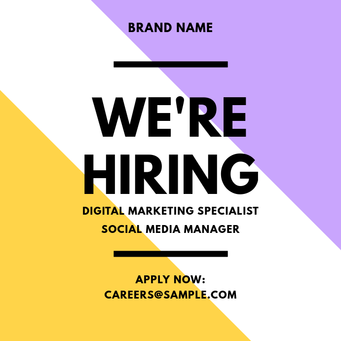 We're Hiring Purple Yellow Instagram Post Wpis na Instagrama template