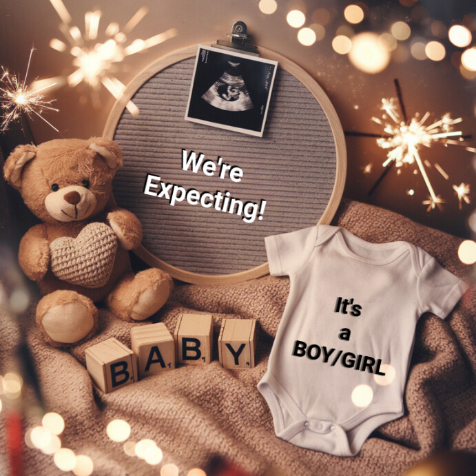We're expecting baby announcement template with teddy bear and onesie
