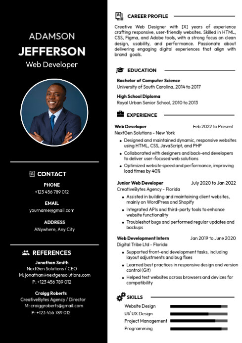 Web Developer Resume cv A4 template
