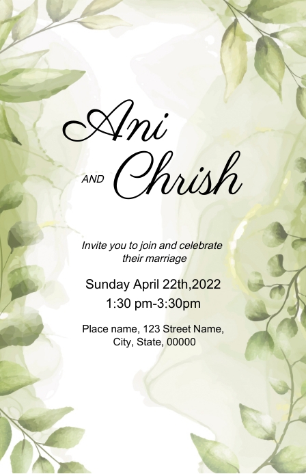 Wedding invitation card water color greene Half Page Wide template