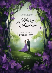 Wedding Invitation Green And Violet Floral A6 template