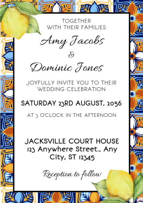 Wedding Invitation Mediterranean Italian Tile floral Wedding Invite ...