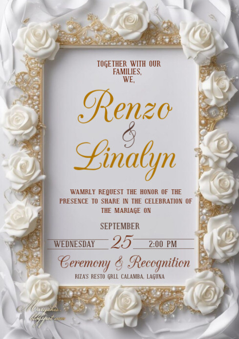 Wedding Invitation with White Roses A4 template