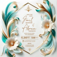 Gold and Turquoise Aqua Blue Wedding Invitation Instagram 帖子 template