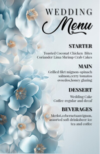 Wedding Menu card Blue Floral Half Page Wide Halbe Seite breit template