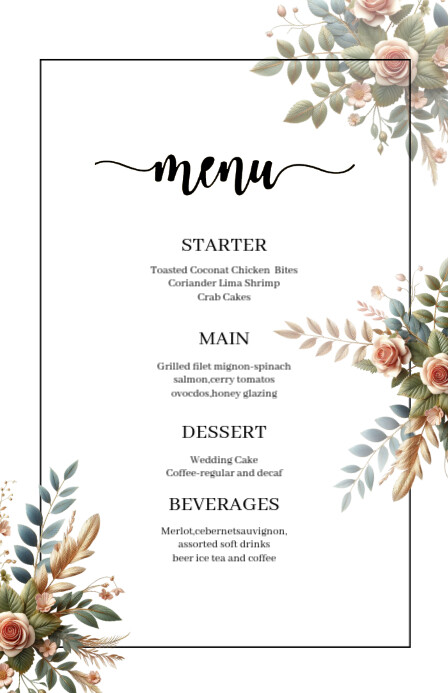 Wedding Menu Card boho roses dried flower bouquet template Halfbladsy Breed