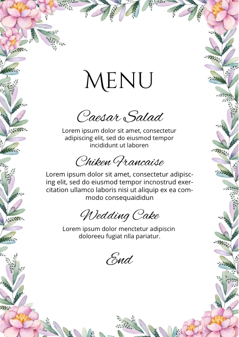 Wedding Menu Card Template A6