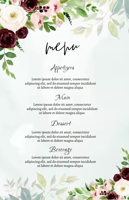 Wedding Menu card Template Halfbladsy Breed