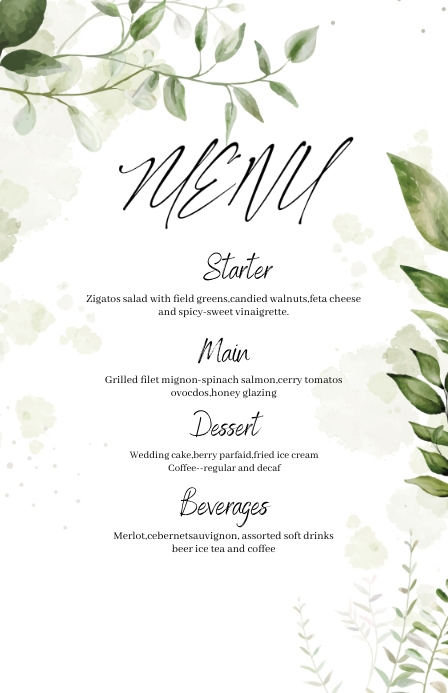 Wedding Menu Card  Template greene(4) Half Page Wide
