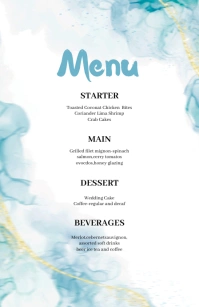 Wedding Menu card template water color blue Half Page Wide