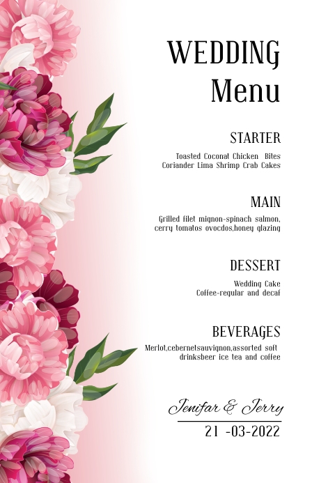 Wedding Menu Card Template watercolor blue (1 Szeroki pół strony