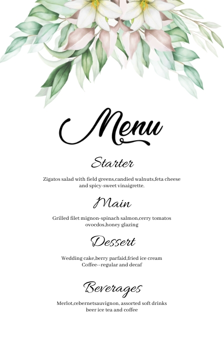 Wedding Menu Card Template white color Halve pagina breed