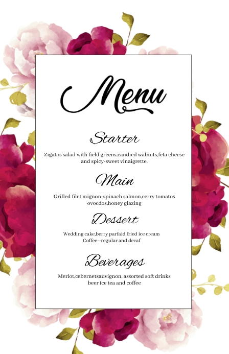 Wedding Menu floral Card Template (2) Halfbladsy Breed