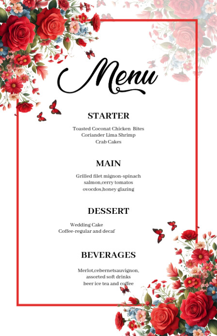 wedding menu red rose floral template | PosterMyWall