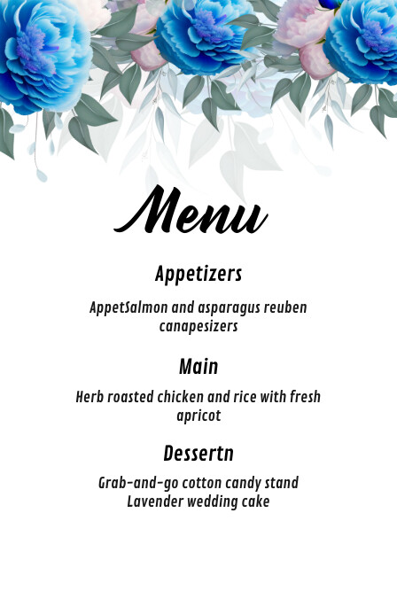 Wedding menu Template blue floral Half Page Wide