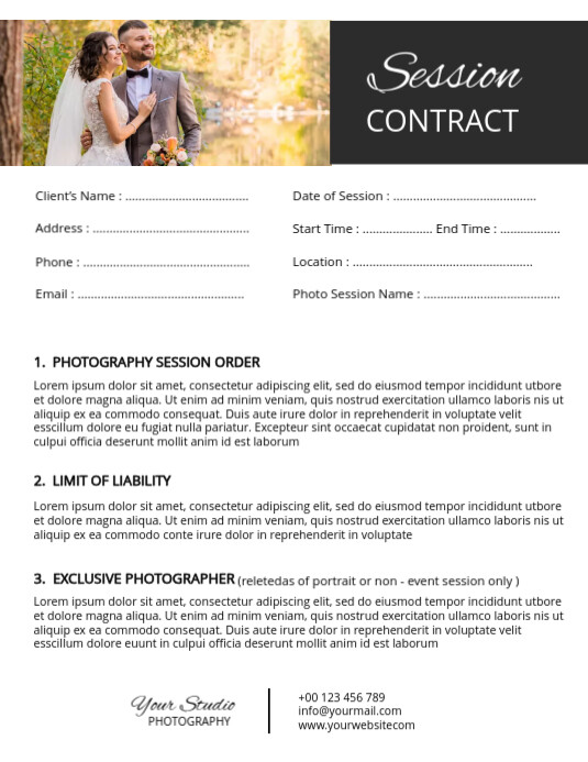 Wedding Photographer Session Contract Form Template | PosterMyWall