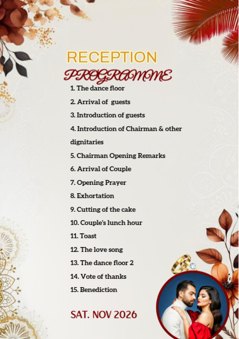 Writing Programme Reception Wedding reception program Template | PosterMyWall