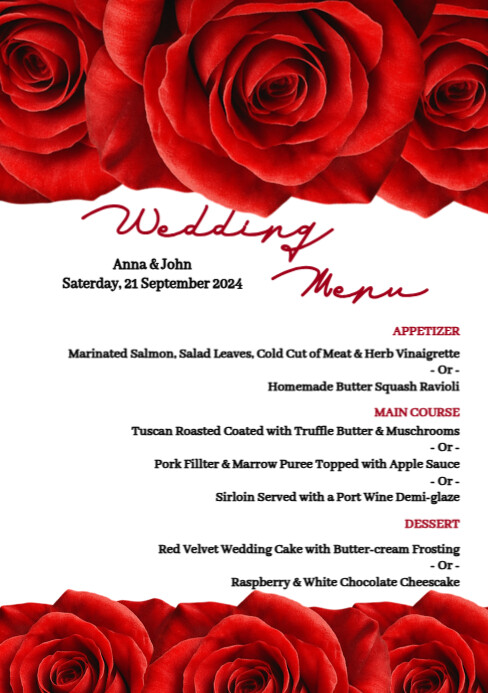 Wedding red roses menu card Template | PosterMyWall