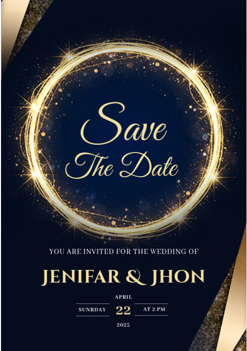 wedding Save the date blue and gold abstract design A5 template