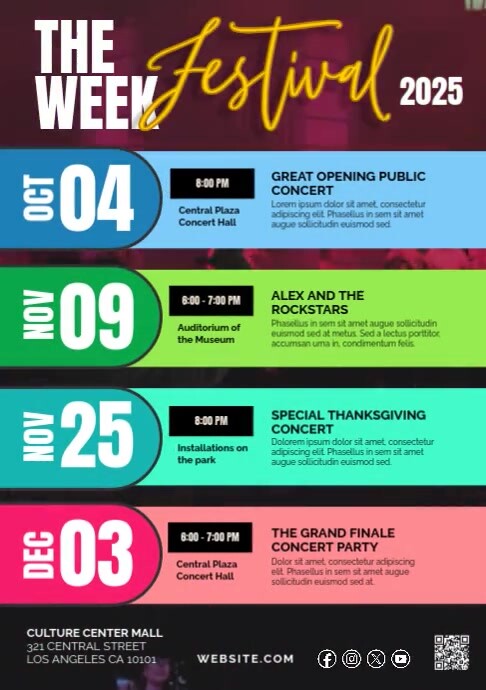 Events Week List Week festival music party event schedule Template | PosterMyWall