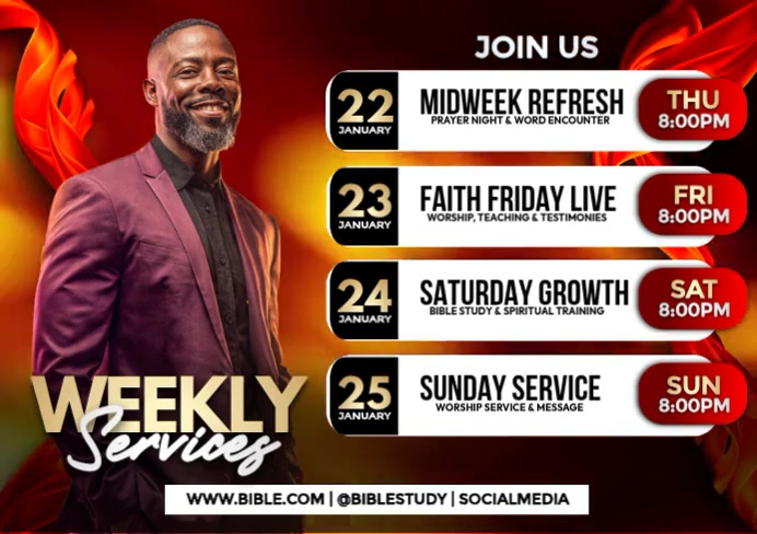 Weekly Service Animation Photo Weekly Church Services Schedule Template | PosterMyWall