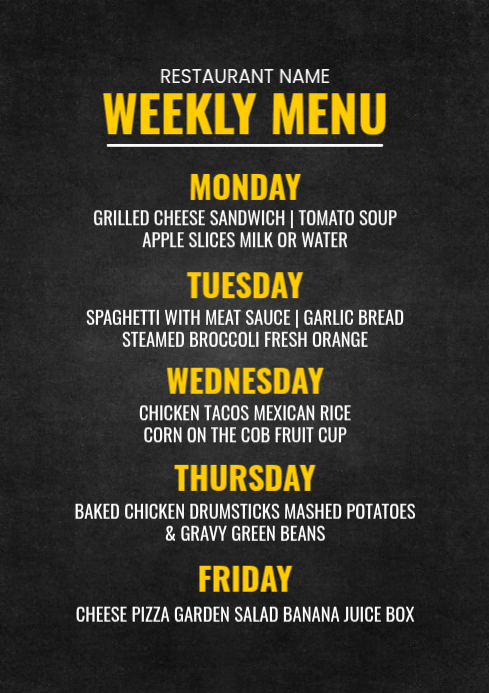 Weekly food Menu A4 Template | PosterMyWall
