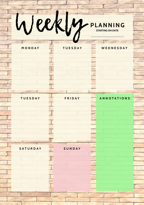 Weekly planner printable template free เทมเพลต | PosterMyWall