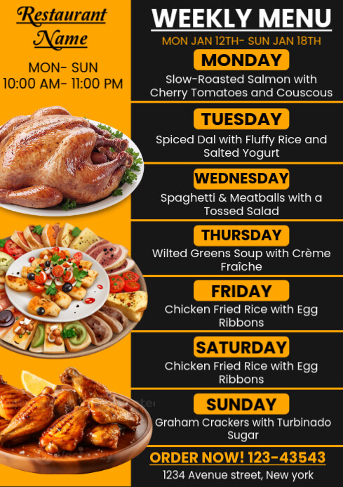 Copy of Weekly restuarant food menu template | PosterMyWall