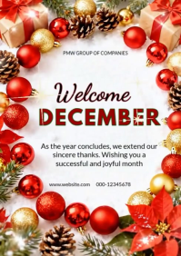 Welcome December Holiday Greeting Template – Festive Christmas Message Flyer with Gifts, Snow xmas A4