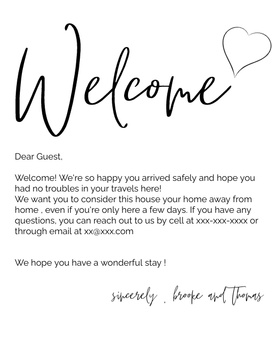 Welcome note Airbnb welcome note template Løbeseddel (US Letter)