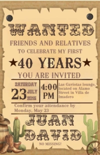 Cowboy | Western Wanted Invitation Brithday Party Temple Flayer Editablet Celebration Temple Boulevardzeitung template