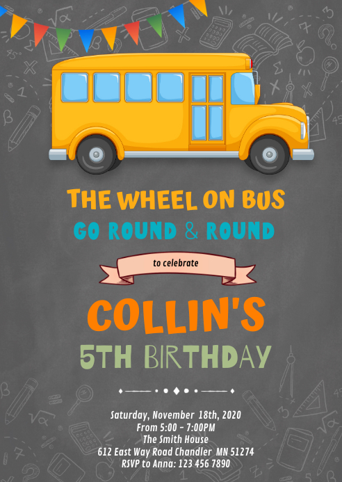 Wheels On The Bus Birthday Invitation Template Postermywall