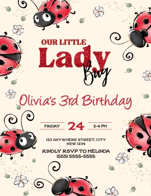 Copy of Whimsical ladybug glitter birthday invitation template ...