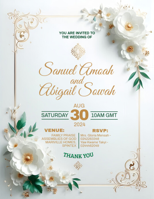 White, Emerald Green and Gold Floral Wedding Ulotka (US Letter) template