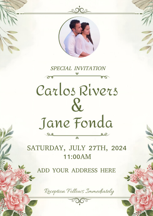 White, Green and Pink Floral Wedding Invitation A1 template