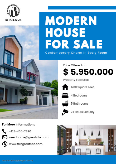 White & Blue Modern House For Sale Template | PosterMyWall