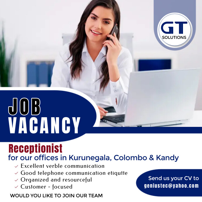 Receptionist Posts white & blue professional receptionist hiring Template | PosterMyWall