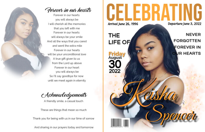 White & Golden Magazine Style Funeral Program Template | PosterMyWall